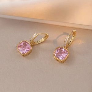 Fashion Pink Square Zircon Copper Earrings For Women Geometric Inlaid Cushion Cut Huggie Hoop Ear Accessory