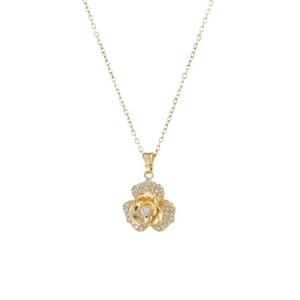 Rotating rose flower pendant necklace in gold with zircon crystal petals for women