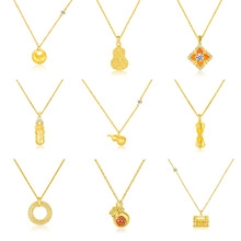 Detailed view of nine gold S925 silver necklaces with traditional Chinese pendants