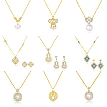 Collection of S925 silver gold-plated necklaces with pearls and jade pendants