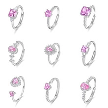 Detailed grid showing nine silver rings with pink gemstones in various elegant cuts