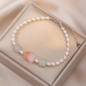 Élégant bracelet en argent S925 avec perles, jade vert et breloque en agate