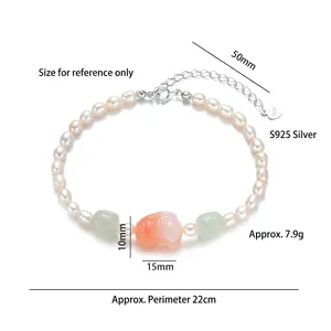 Bracelet en argent S925 avec perles naturelles, jade et agate sculptée à la main