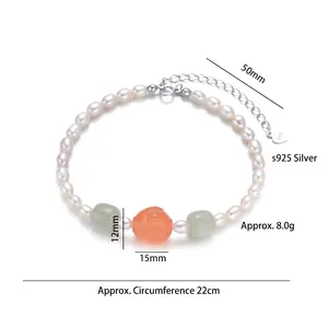 Bracelet en argent S925 avec perles d'eau douce, jade et bouddha en agate orange