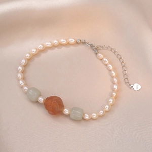 Bracelet en argent S925 avec perles d'eau douce, perles de jade vert et agate gravée