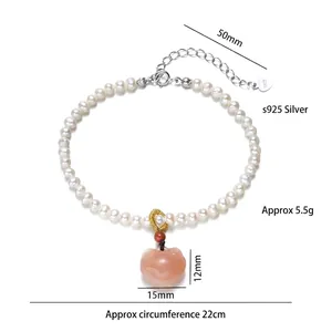 S925 silver pearl bracelet with pink agate ruyi pendant and adjustable lobster clasp