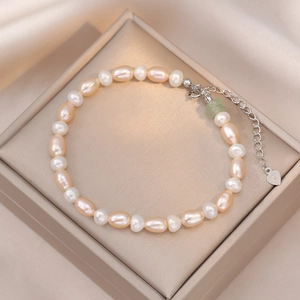 925 Sterling Silver Freshwater Pearl Bracelet With Green Jade Bead Adjustable Elegant Jewelry Gift For Women