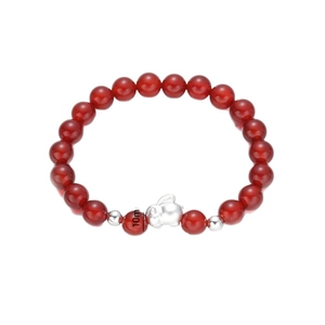 S925 silver bunny and 10mm red agate beaded bracelet for luck and fashion