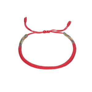 Handmade red braided cord bracelet with colorful threads and adjustable sliding knot