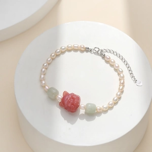 Élégant bracelet en argent S925 avec perles naturelles, chat sculpté rouge et jade