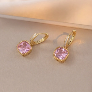 Elegant gold earrings with square pink crystal and shimmering cubic zirconia accents