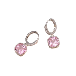 Elegant silver earrings with square pink zircon drop and sparkling pavé crystals