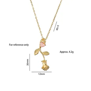 Collier rose vintage en acier titane doré avec zircon coeur rose et guide des tailles