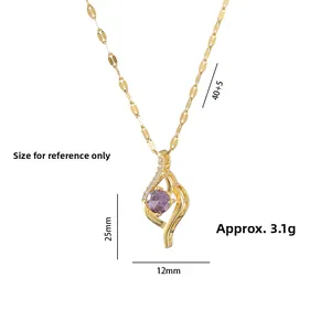 Gold pendant necklace with purple zircon and technical size dimensions in millimeters