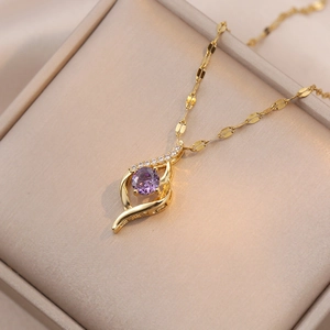 Titanium Steel Pendant Necklace Purple Zircon Rhinestone Hollow Leaf Teardrop Elegant Minimalist Jewelry For Women