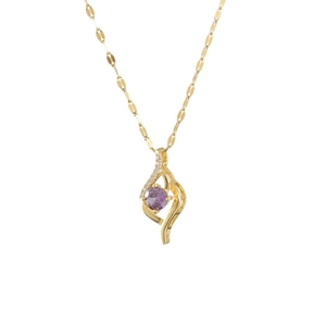 Elegant gold necklace with wave-shaped pendant and purple gemstone on white background