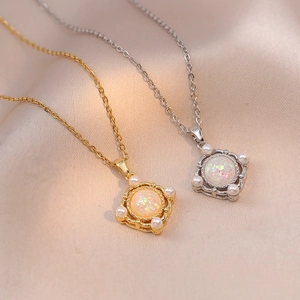 Retro Square Pendant Necklace For Women Titanium Steel Jewelry With Simulated Opal And Imitation Artificial Pearl