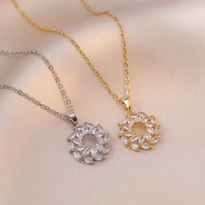 Elegant Flower Pendant Necklace Titanium Steel Marquise Cut Cubic Zirconia Layered Jewelry For Women Stylish