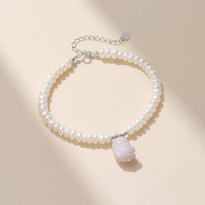 Elegante bracciale di perle d'acqua dolce argento S925 con ciondolo maialino in giada rosa