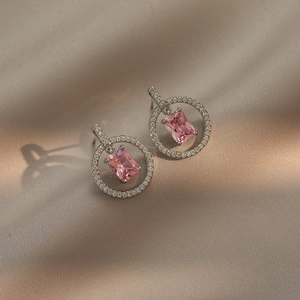 Orecchini A Lobo Zircone Rosa Rame Micro Pavé Strass Gioielli Moda Geometrici Donne