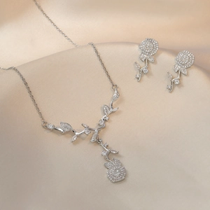 Élégant Collier Et Boucles D'oreilles Rose En Acier Inoxydable Strass Camélia Bijoux Floraux Pour Femmes