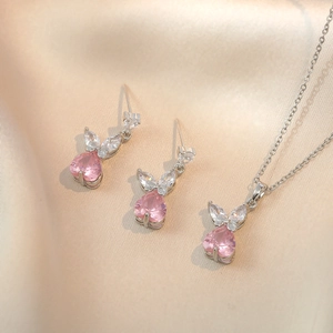 Collar Y Pendientes Con Colgante De Conejo Corazón Circonita Rosa Incrustada Joyería De Acero Inoxidable Para Mujeres Niñas Moda