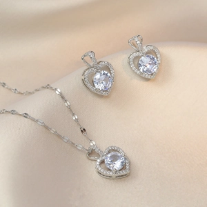 Collana Con Pendente A Cuore E Orecchini Gioielli Acciaio Al Titanio Zircone Intarsiato Moda Elegante Accessori Per Donna