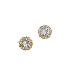 Elegant gold halo stud earrings featuring round white zircon stones on white background