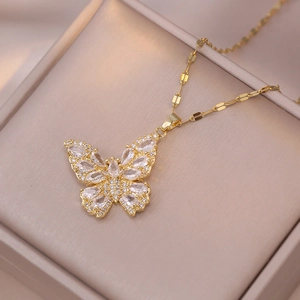 Collier Pendentif Papillon Acier Inoxydable Superposé Zircon Brillant Design De Niche Bijoux Minimalistes Pour Femmes