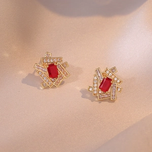 Geometric Square Red Zircon Stud Earrings Vintage Gold Plated Copper With White Rhinestone Elegant Women Jewelry