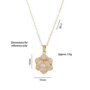 Collier avec pendentif fleur de camélia en zircon et acier titane doré pour femme