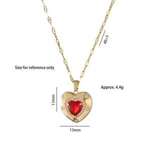 Golden heart pendant necklace with red zircon gemstone and star engravings