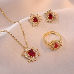 Geometrisches Titanstahl Halskette Und Rote Zirkon Ohrringe Mit Verstellbarem Ring Für Damen Eleganter Modeschmuck