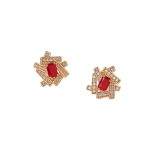 Elegant geometric gold earrings with rectangular red zircon and white stones