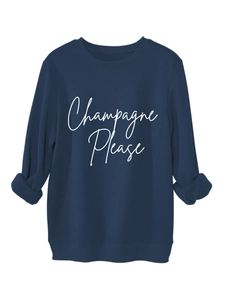 Felpa blu navy con stampa bianca Champagne Please e finiture a costine