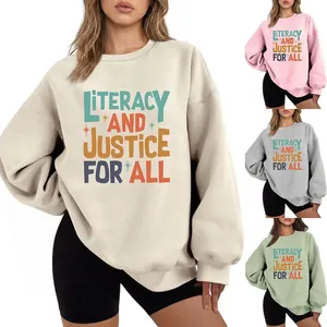 Women Literacy And Justice For All Print Sweatshirt Round Neck Long Sleeve Cotton Blend Fleece Loose Thickened Pullover