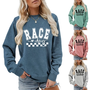 Four color options of women's Race Day sweatshirts showing chest prints and ribbed cuffs