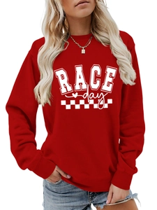 Close-up of red Race Day sweatshirt showing soft fabric texture and checkered flag print
