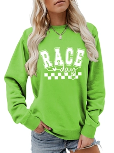 Detail of green crewneck sweatshirt with white RACE day text and checkered heart print