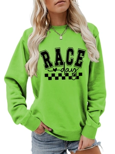 Close-up of the neon green sweatshirt showing the RACE day text and checkered flag print