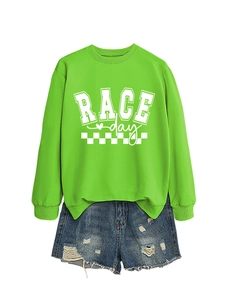 Detail of ribbed cuffs and Race Day graphic on neon green crewneck sweatshirt