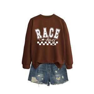 Brown Race Day sweatshirt with racing checkered flag and distressed denim shorts