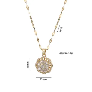 Golden flower pendant necklace with zircon stones on a 40+5cm titanium steel chain