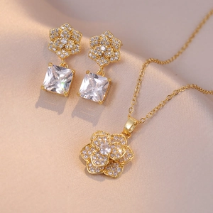 Camellia Bloem Hanger Ketting En Oorbellen Roestvrij Staal Met Zirkon Elegante Strass Ingelegde Sieraden Voor Vrouwen Mode