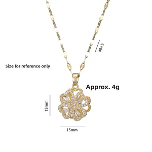 Golden clover flower necklace with white zircon pavé and 15mm hollow petal design