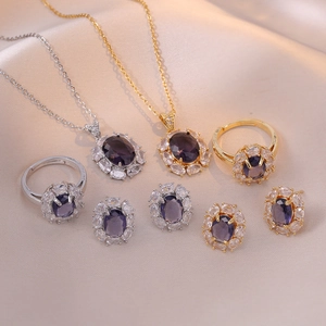 Collana Anello E Orecchini Con Zircone Viola Ovale Gioielli In Acciaio Inossidabile Da Donna Design Halo Vintage