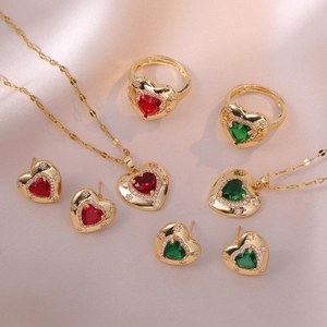 Vintage Luxury Court Style Titanium Steel Heart Rhinestone Pendant Necklace Colorful Gemstone Earrings Ring Jewelry Set For Women