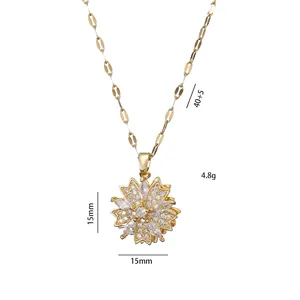 Rotating golden floral necklace with zircon petal pendant and 40cm chain size details