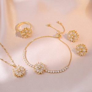 Rotating Flower Necklace Earrings Ring And Bracelet Titanium Steel Zircon Gold Plated Elegant Jewelry For Women