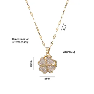 Collana a quadrifoglio dorata con zirconi bianchi, dimensione 15mm e catena 40+5cm